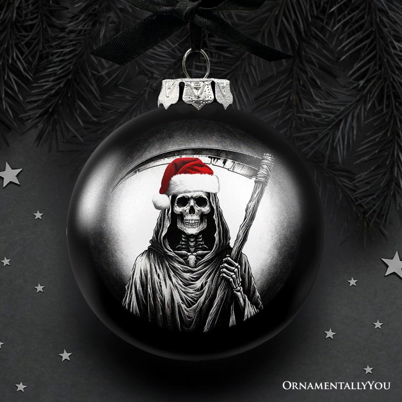 Grim Reaper Christmas Spooky Portrait Glass Ornament, Black Horror Halloween Tree Decoration